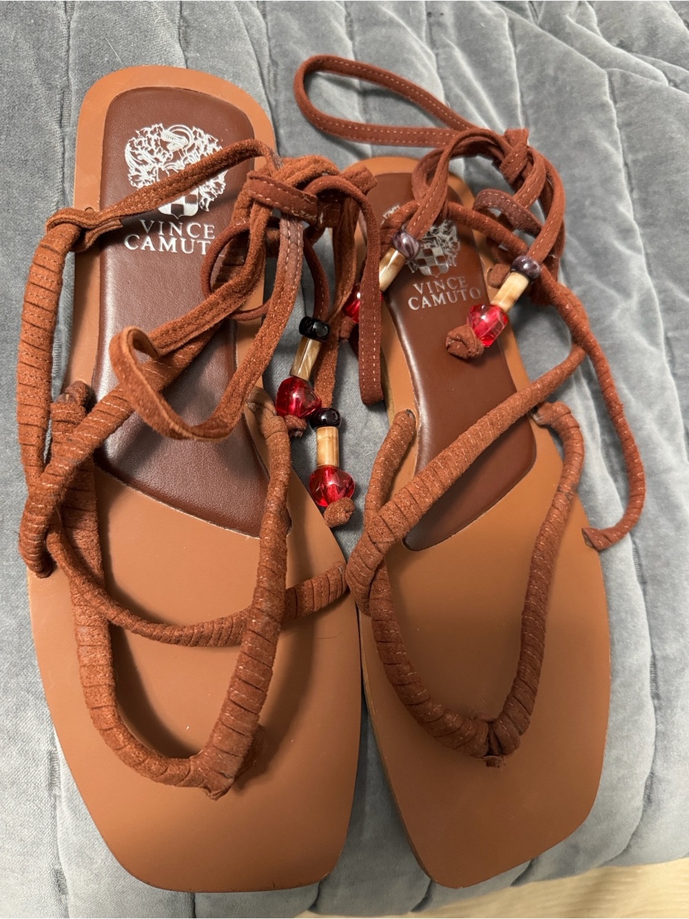 Vince Camuto Rust Brown Lace-Up Beaded Sandals